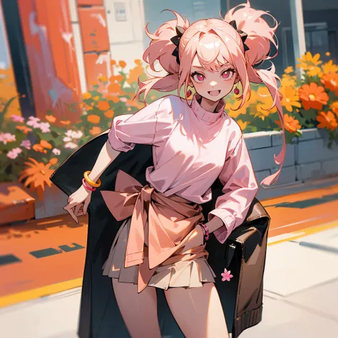 1female, adult, finely detailed pink eyes, (straight medium hair), light orange pigtails, casual clothing, short skirt, jacket tied around waist, excited expression, (perfect generation), standing on street, detailed background, bracelet, flowers, earrings