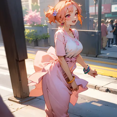 1female, adult, sexy, big breast, finely detailed pink eyes, (straight medium hair), light orange pigtails, casual clothing, baggy pants, open dress, excited expression, (perfect generation), standing on street, detailed background, bracelet, flowers, earr...