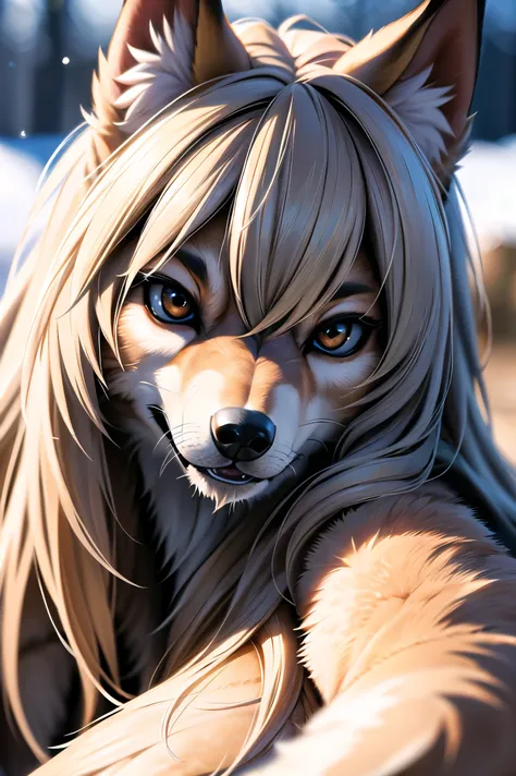 ( hairy:1.2), realistic skin, Details down to the last detail .,  big eyes , A hyperrealistic and ultra-detailed photograph of a wolf