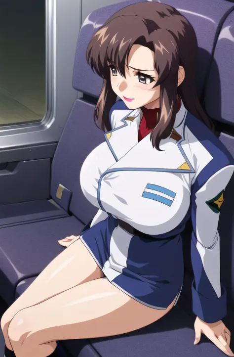  （   please draw a delicate expression   ） ，（爆 BIG BREAST），（ alone）（BIG BREAST comes out of the uniform and the nipples swell）  ，（ 40 years old大人のwoman） ，   I can see dark blue underwear from the miniskirt                ，（  open ），   Attacked，    knee-hig...