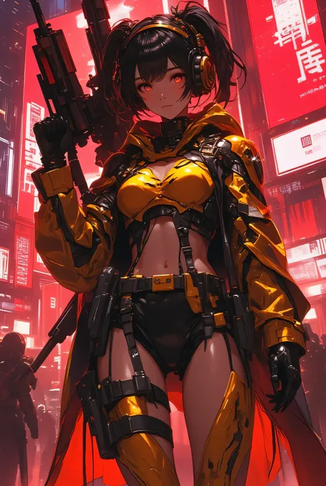 Brave soldier girl, holding a futuristic gun, wearing a futuristic mask, fantasy hair, proud look, dangerous look, confident posture, cyberpunk background, cyberpunk Vibe, URSS soldier vibe, wearing a light futuristic armor with exposed naked legs, naked l...