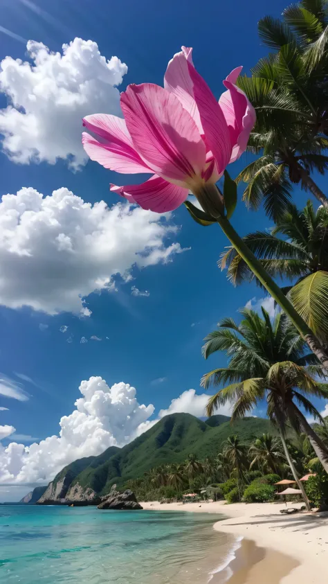 (  photos realistic 8k RAW photos ), wondrous、 breathtaking 、 colorful tropical island scenery, (  not human),  high resolution,  realism, ( Masterpiece), (  highest quality ), coastal ,  very detailed, beautiful pink tulip flower,  high resolution,  sharp...