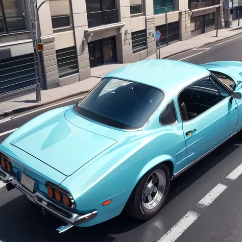 there is a blue car that is driving down the street, kodakchrome : : 8 k, highly detailed hyper real retro, octane renderer”, classic car, retro 70 s style, in style of mike savad”, by John La Gatta, vintage car, classic cars, old cgi 3 d rendered bryce 3 ...