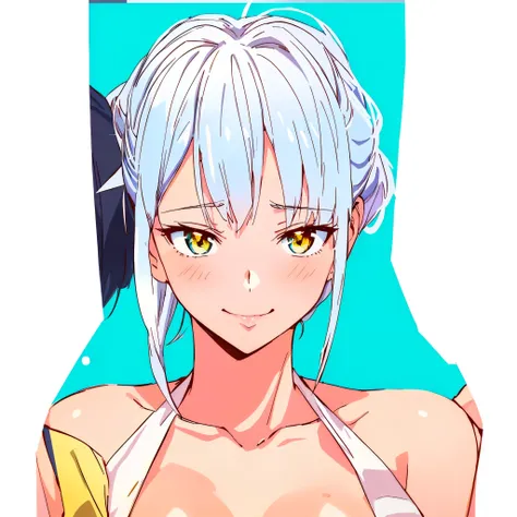 anime girl with white hair and blue eyes in a bikini, anime moe artstyle, ayanami, seductive anime girl, roguish smirk, silver hair (ponytail), loli, white haired deity, made with anime painter studio, sultry smirk, (anime girl), white haired,  ROGUE ANIME...