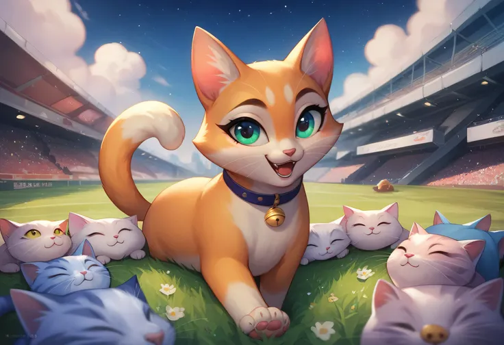   There are a lot of cats sitting together on the lawn, Colorful Fox City, By Eizan Kikugawa,   let's take a peek at the viewers ,  inspired by Shiba Jianghan , Cat Conference, Cat masterpiece,  Starry night sky full of cats ,  Ukiyo-e style ,  cat cat dre...