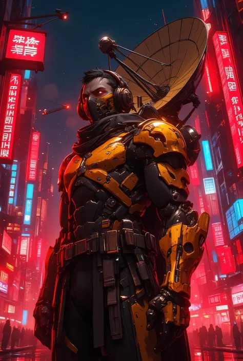 Brave soldier men with a giant satellite dish attached to his back, wearing a futuristic mask, dangerous look, confident posture, cyberpunk background, cyberpunk Vibe, fascist soldier vibe, wearing a heavy futuristic armor, his armor is golden and black, t...