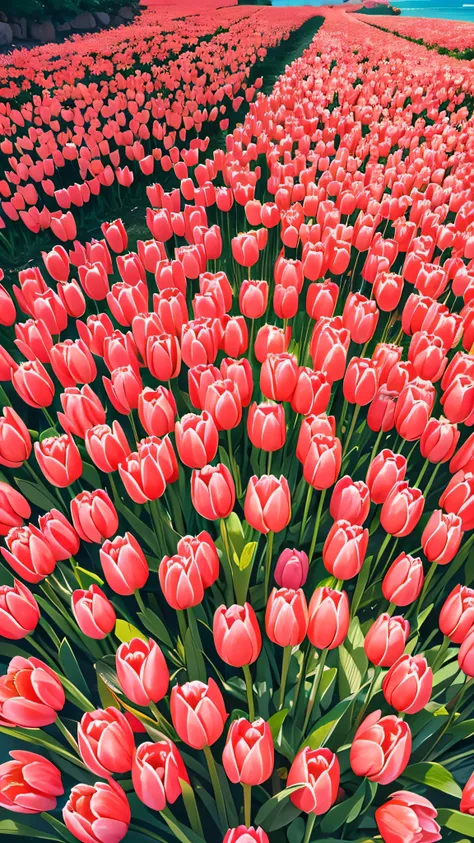 (  photos realistic 8k RAW photos ), wondrous、 breathtaking 、 colorful tropical island scenery, (  not human),  high resolution,  realism, ( Masterpiece), (  highest quality ), coastal ,  very detailed, beautiful orange tulip flower,  high resolution,  sha...