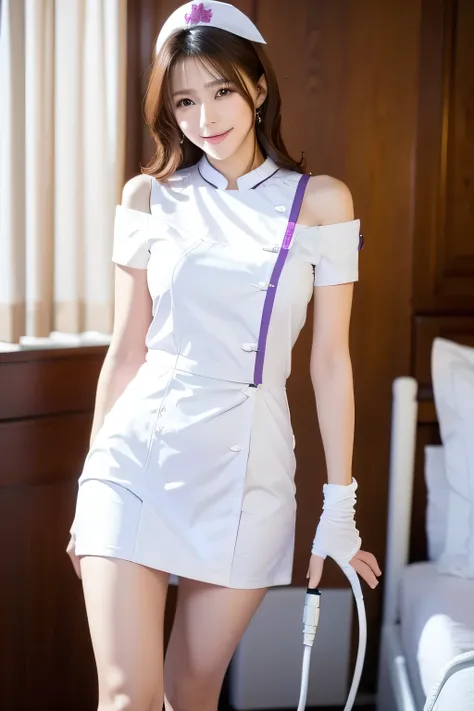 Kuwayama Chiyuki  ,  sexy,  seductive , single blade,  hair over shoulders,  tea hair end with purple,  brown eyes,  face details, Alone,  Nurse, ((white nurse cap, white nurse's outfit)), ((white leg ornament , Extraordinary Realm )), white gloves, smile,...