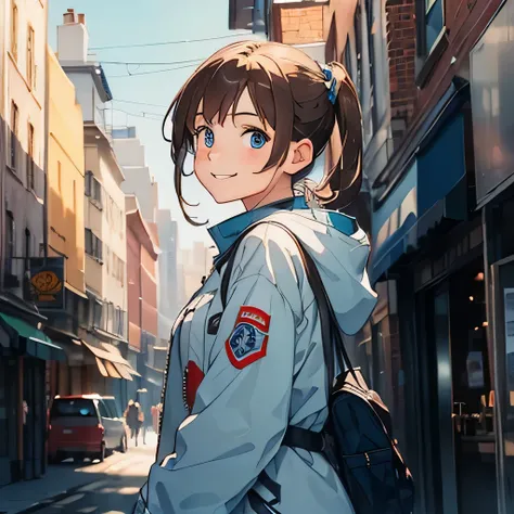 Masterpiece, best quality, A girl with Brown hair and light blue tips and blue eyes is turned around smiling at someone and wearing a hunter clothing, street background