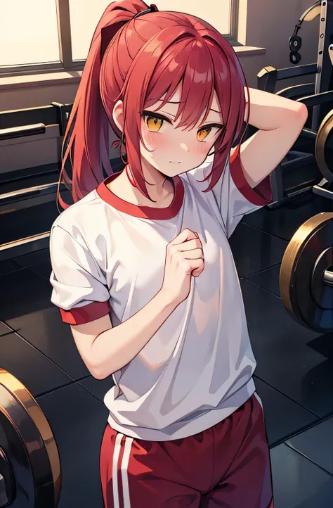  high image quality　 Masterpiece　 red hair 　 long ponytail　 yellow eyes　 gym clothes　Embarrassed face　 with hands crossed behind his head