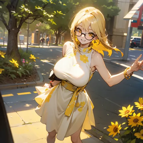 1female, adult, sexy, big breast, finely detailed yellow eyes, (straight medium hair), glasses, casual clothing, sun dress, excited expression, (perfect generation), standing on street, detailed background, bracelet, flowers, earrings