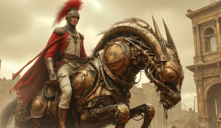 knight rider on a mechanical horse. A knight in an eighteenth-century military uniform, red coat, cream trousers. A technological helmet with a beautiful red cocked hat and a large white feather. His eyes are burning yellow. A long red raincoat. In his han...