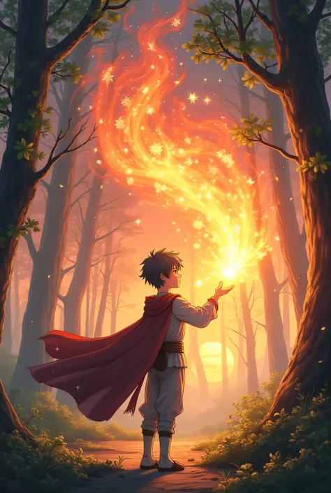 " An epic scene of an anime character with magical powers .  He has short hair and a cape floating in the wind ,  surrounded by brilliant mystical symbols . The scene takes place in an enchanted forest ,  with towering trees and a magical dawn in the sky ....