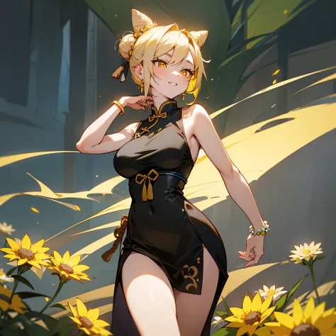 1female, adult, sexy, big breast, finely detailed yellow eyes, (straight medium hair), black top bun hair, short chinese dress, excited expression, (perfect generation), standing on street, detailed background, bracelet, flowers, earrings