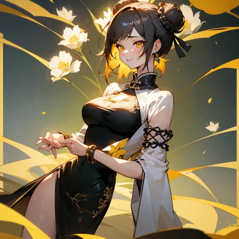 1female, adult, sexy, big breast, finely detailed yellow eyes, (straight medium hair), black top bun hair, short chinese dress, excited expression, (perfect generation), standing on street, detailed background, bracelet, flowers, earrings