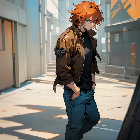 1male, adult, finely detailed blue eyes, (wild medium hair), dark orange hair, casual clothing, biker jacket, loose pants, somber expression, (perfect generation), standing on street, detailed background