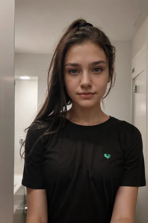 18 years old, selfie, green eyes, brown hair, ((black t shirt)), perfect soft skin, no imperfections, taking a selfie picture, (((detailed face))), smirk, ponytail, long hair. wet from shower