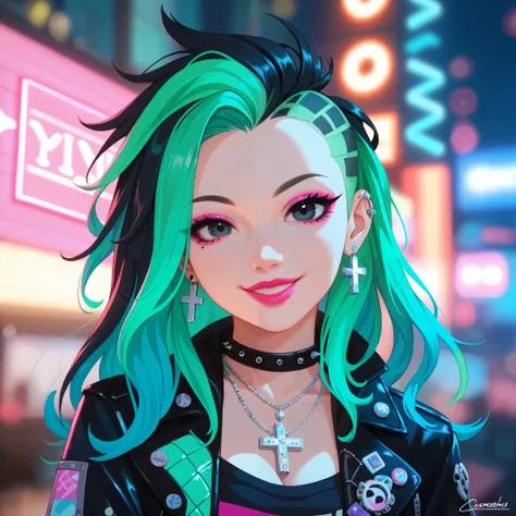 punk clothes, punk accessories, cross, rings, checker, 1girl, blurry, solo, long hair, depth of field, (two-tone hair, neon light green hair, black hair), blurred foreground, , necklace, black eyes with pink tint, blurred background, smile, looking at view...