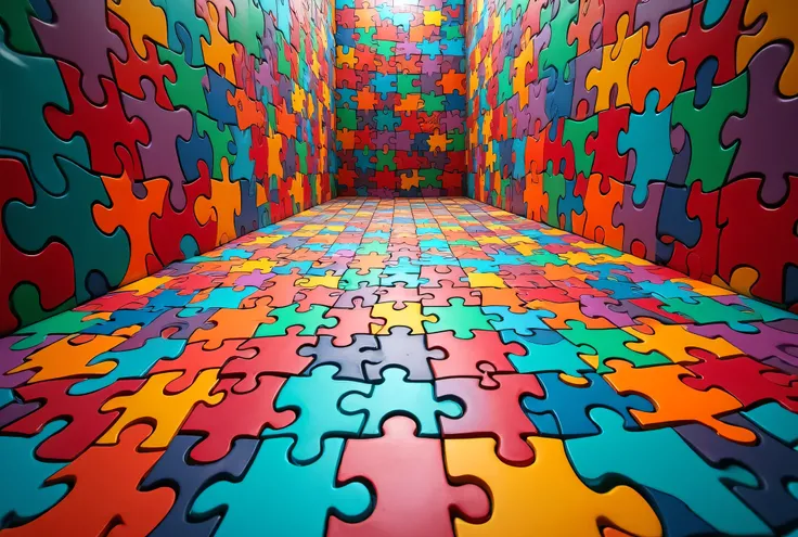 a large group of colorful puzzle pieces arranged in a square, a jigsaw puzzle, puzzle art, puzzling, puzzle, jigsaw, tessellation, tesselation, puzzle-like room, colorful picture, tessellating patterns, coloured, high quality screenshot, large patches of p...