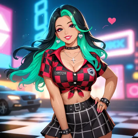 heart emoji (💕❤️), posing standing, tan, wet skin, sweat, wind effect, checkered red button-up shirt, mini skirt, punk clothing, punk accessories, cross, rings, checker, dark background, dark saturated colors, large curvy breasts, curvy juicy hips, 1 girl,...