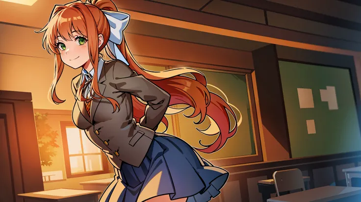 2d, masterpiece, best quality, anime, highly detailed, cowboy shot, 1girl, solo, monika, green eyes, very long hair, ponytail, school uniform, standing, leaning forward, arms behind back, smile, classroom 