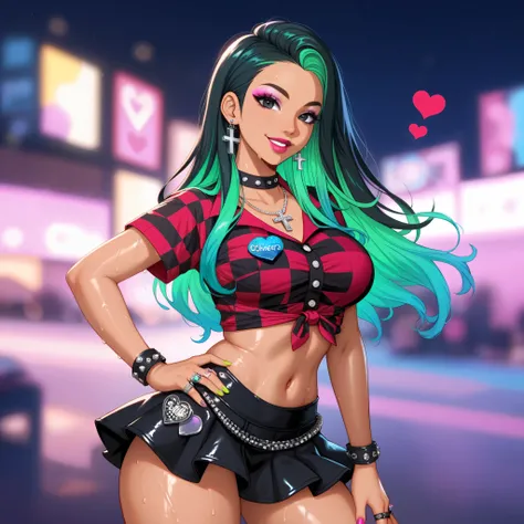 heart emoji (💕❤️), posing standing, tan, wet skin, sweat, wind effect, checkered red button-up shirt, mini skirt, punk clothing, punk accessories, cross, rings, checker, dark background, dark saturated colors, large curvy breasts, curvy juicy hips, 1 girl,...