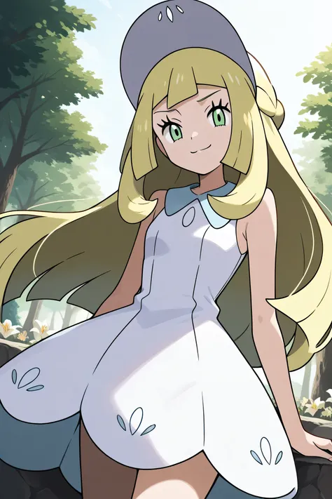  score_9,  score_8_ up the side,  score_7_ up the side,  source_Anime, Lily \( Pokemon \),   blond hair left and right, blunt bangs,  GREEN EYES,  long hair,,  braided, collared  dress,  dress,  gradation shirt that Furakana has ,  sleeveless,  sleeveless ...