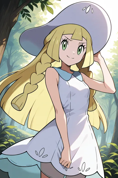  score_9,  score_8_ up the side,  score_7_ up the side,  source_Anime, Lily \( Pokemon \),   blond hair left and right, blunt bangs,  GREEN EYES,  long hair,,  braided, collared  dress,  dress,  gradation shirt that Furakana has ,  sleeveless,  sleeveless ...