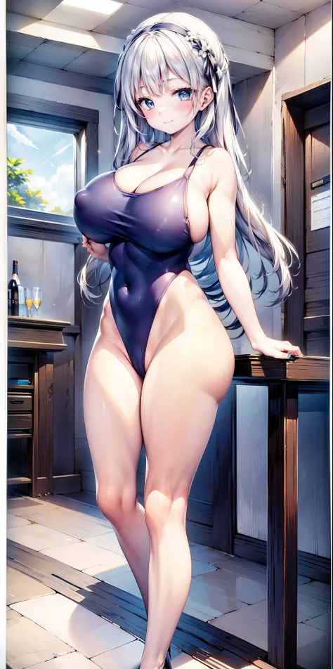  Masterpiece、 high image quality、 kind smile、(Girl wearing only a basic swimsuit and pumps)、( cowboy shot:1.5)、( SFW Giant :1.5)、 blue eyes、blush、 blonde、Long hair down、 white headband、 abs、 big breasts