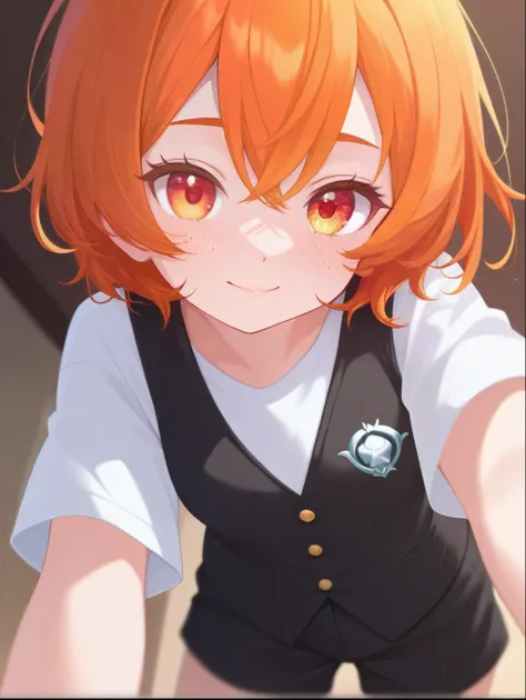  A docile looking girl,  with delicate freckles on her face ,  with vibrant orange hair and rainbow-hued eyes .  She wears European-style clothing ,  including a white t-shirt combined with a black vest and black shorts . Her smile is sweet and radiant , t...