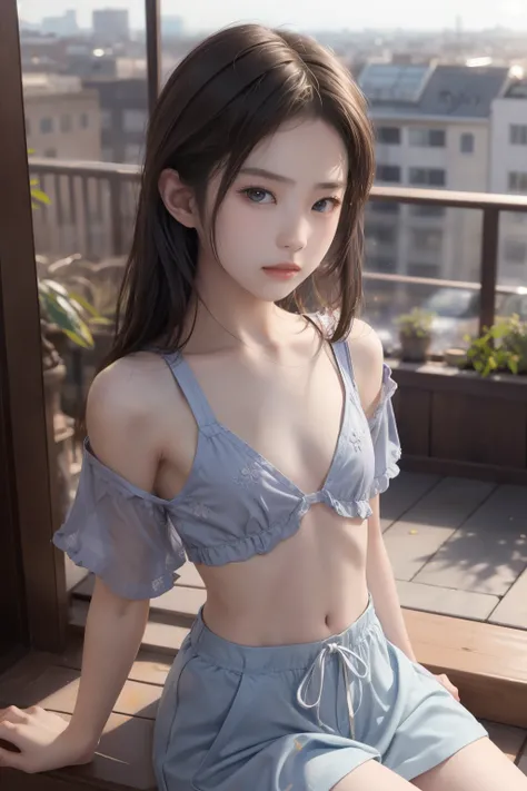 Korean female middle school student wearing very small very thin silk underwear ,Korean female middle school student wearing very small, very thin silk underwear on a hill with a panoramic view of distant natural scenery and the coast ,(((Very flat chest))...