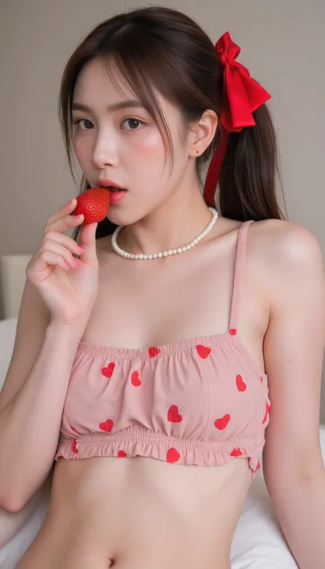 pov, young cute woman, fair skin, ponytail with red bow, wearing dusty pink airy crop strapless with red heart pattern, small pearl necklace with red ribbon on neck, simple earring, biting strawberry in her hand, sweat on her stomach, no panties, strawberr...