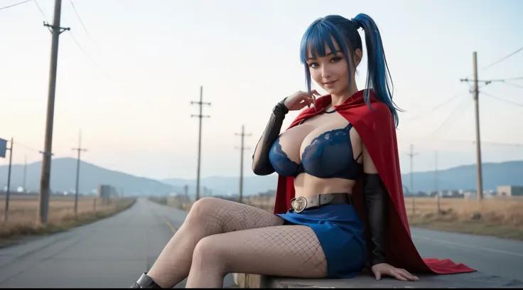 girl sitting, BREAK, girl, sitting, leaning backward, hand-rest, short red cape, blue bra, (gigantic breasts:1.2), flowing flair, fishnet tights, blue skirt, black arm sleeve, belt, short side ponytail, blue hair, flat bangs, looking at viewer, smile, twil...