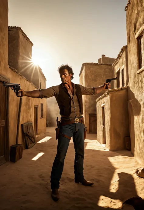 "A hyper-realistic 4K or 8K image of a male cowboy standing in a tense gun duel pose, holding a trembling pistol. His face is incredibly detailed, showcasing finely sculpted features such as intense eyes, a strong, chiseled jawline, a defined nose, and wel...