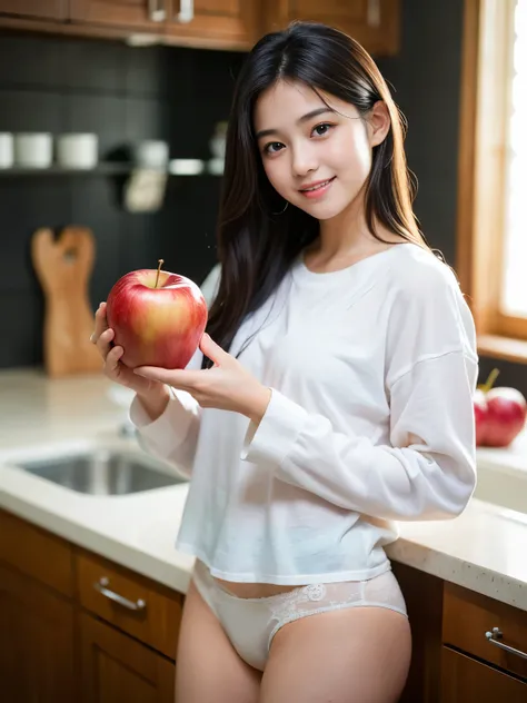 (Best quality, Masterpiece, Ultra High Resolution, (Photorealistic:1.4), Raw Photo, depth of field, professional lighting), side view, 1girl, 15-years-old, the most famous Japanese idol, wearing long sleeved shirt and panties, ((innocent smile)), standing ...