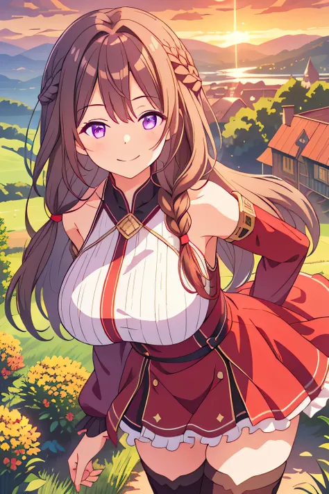 ,1girl, solo,
huge breasts,
ruidg,
long hair, brown hair, purple eyes, braid, 
circlet, thighhighs, dress, detached sleeves, 
half-closed eyes, looking at viewer, smile, 
village, outdoors, sunset, light particles, fantasy, 
leaning forward, hanging breast...