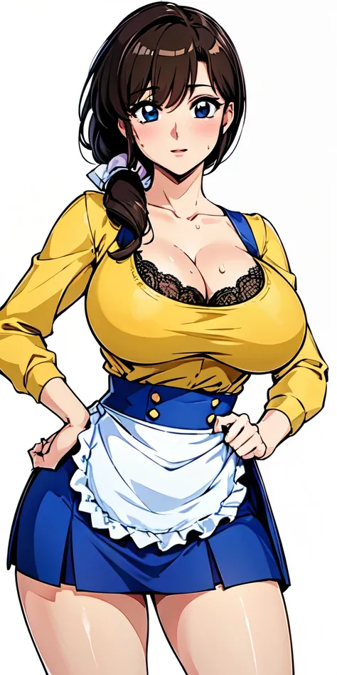 1 Female,High definition,high resolution,Ultra-realistic,8K,tendou_kasumi, Apron_White_Ruffle, Yellow_Shirt_blue_high-waist_skirt, miniskirt ,tight skirt,standing, solo, large breasts,, masterpiece, best quality, detailed face, detailed eyes, highres,Europ...