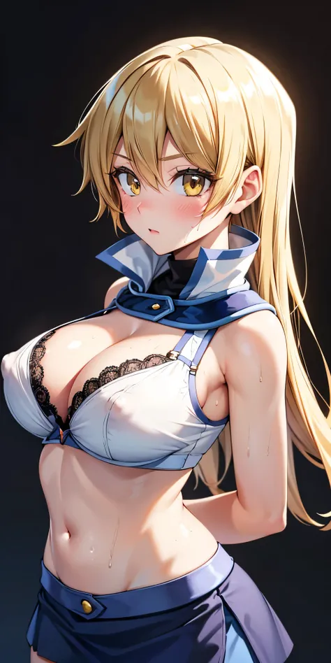 1 Female,High definition,high resolution,Ultra-realistic,8K,ta1, blonde hair, long hair, yellow eyes,white jacket, sleeveless ,fingerless gloves,blue skirt, tight skirt, miniskirt,standing, solo,  standing, masterpiece, best quality, detailed face, detaile...