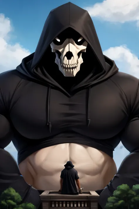 a man with a skull face, with a strong body, dressed in black with a hood, macro