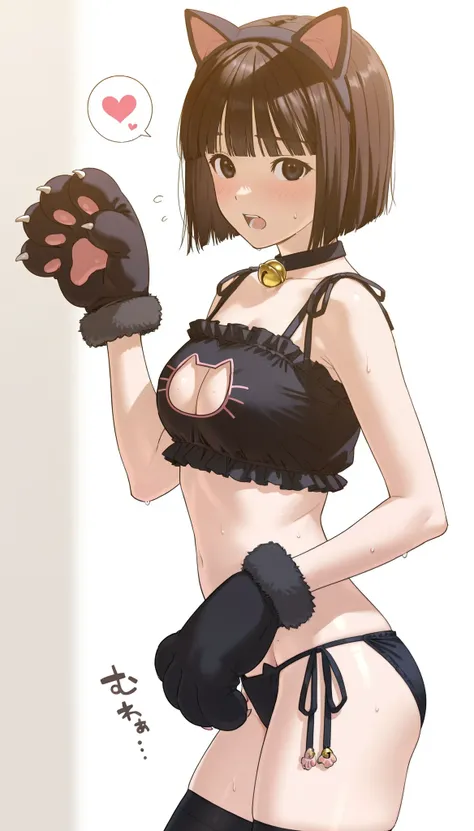 score_9, score_8_up, score_7_up, score_6_up,1girl,cat headband, brown eyes, short hair, bob cut, brown hair, black hair, black eyes, blunt bangs,animal cutout,animal hands,bell,black bra,black thighhighs,blush,bra,cat cutout,cat ear panties,cat lingerie,cl...