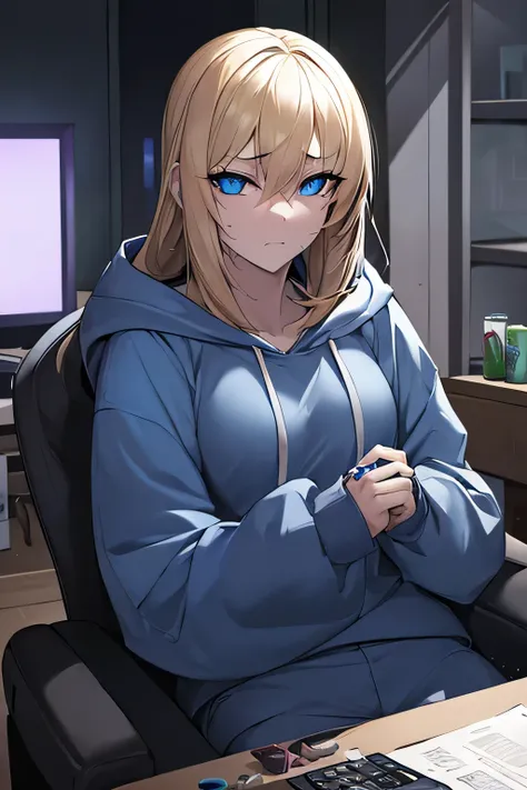 A highly detailed portrait of a reclusive female hacker sitting in a dimly lit room filled with multiple computer monitors emitting a bluish glow. She has messy, unkempt blonde hair and pale, sickly skin from never going outside. Her tired, droopy blue eye...