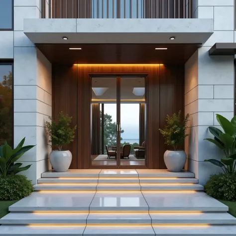  modern seaside three-story large villa、 simple style、Positive effect、Entrance door design、Light limestone wall slabs、The ceiling at the entrance is brightly lit、Don't put greenery on either side of the door、Large glass windows、Dark steps with light strips...