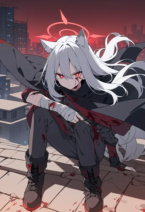 silver hair, long hair, alone, bright red pupils ,Red Halo, black boots,Cat ears, black cape ,midnight,Blood on the face, Scars on the face ,On the rooftop,Cities in the Desert , Serious Expression ,灰色夹克,Hand bandaged , bright red sky on the roof of the b...