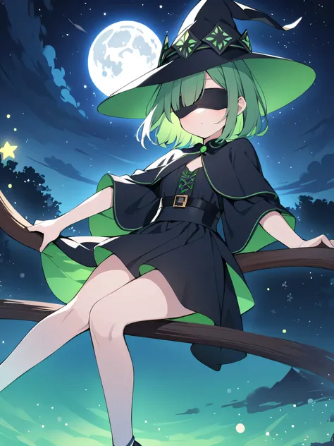 girl;  green hair ;  short straight hair; majestic; beautiful;  detailed black dress ;  blindfolded with black belt ;  fair skin ;  witch hat ;  sitting on a floating broom; night; Glow of the Moon and Stars .