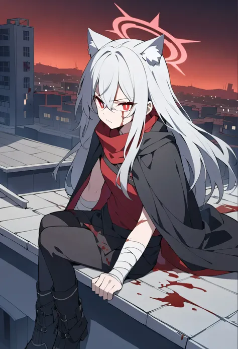 silver hair, long hair, alone, bright red pupils ,Red Halo, black boots,Cat ears, black cape ,midnight,Blood on the face, Scars on the face ,On the rooftop,Cities in the Desert , Serious Expression ,灰色夹克,Hand bandaged , bright red sky on the roof of the b...