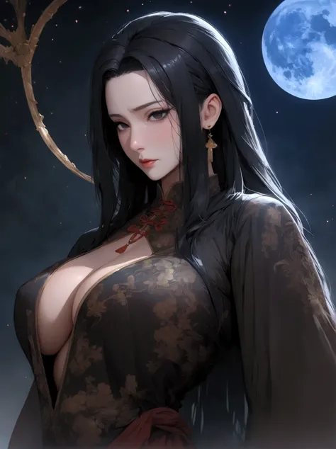 Solo, beautiful woman, tall, hot, 4k detailed eyes, detailed face, 4k, black hair, long hair, black eyes, tall, hot, noble, blue moon, big boobs, Chinese robe, Mature MILF