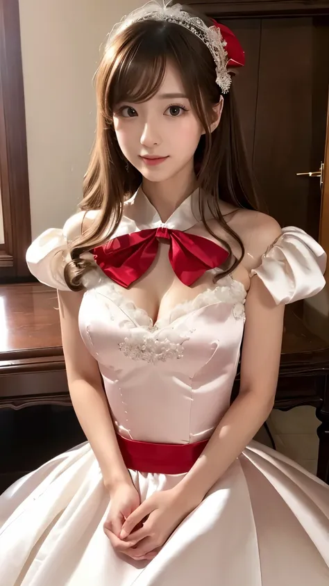 (((top quality))), (((masterpiece))), (((details))), tall, looking at camera, face-to-face, girly empire length wedding dress with pure red shiny silk satin ruffle, hands thrust forward, Japanese, brown hair, long hair, gorgeous room,. Gorgeous ribbon hair...