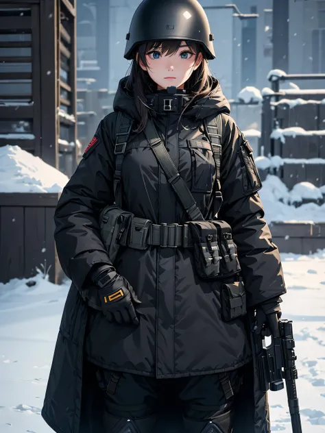 one female soldiers in black thick coats、 Wear a helmet 、Standing guard at the front、Winter gloves ，Tactical shoulder strap、Magazine Pouch、 Holding a gun， Winter military base ， write details、 masterpiece、 are of the best quality 、High precision CG 、 8K Pi...