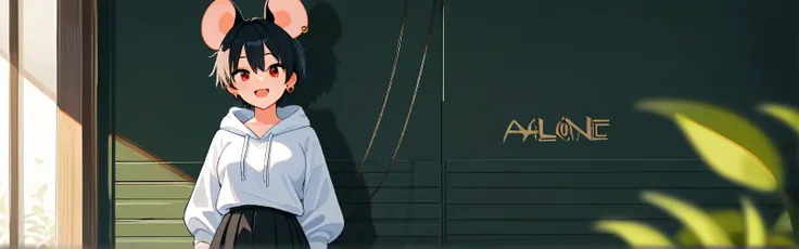  1 girl,  alone,  short hair, Tomboy,  red eyes,  black hair ,  happy, :d , medium boobs,  hair burn ,  double hair ,  either side, looking at veiwer, shirt, skirt, Long sleeves, ribbon, bijouterie, white shirt, Short sleeves,  earrings, Mouse ears , black...