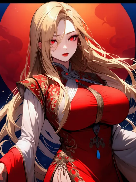 Solo, beautiful woman, tall, hot, 4k detailed eyes, detailed face, 4k, blonde hair, long hair, crimson red eyes, tall, hot, fully clothed, noble, blue moon, big boobs, vampire, Chinese robe